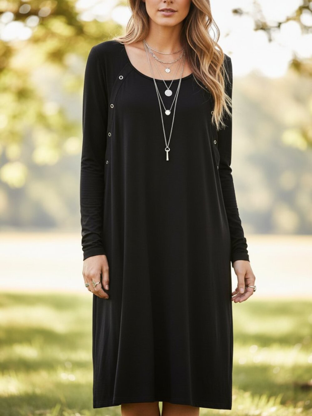 Ekouaer XXL Midi Black Maternity Nursing Snap Long Sleeve Stretch Minimalist